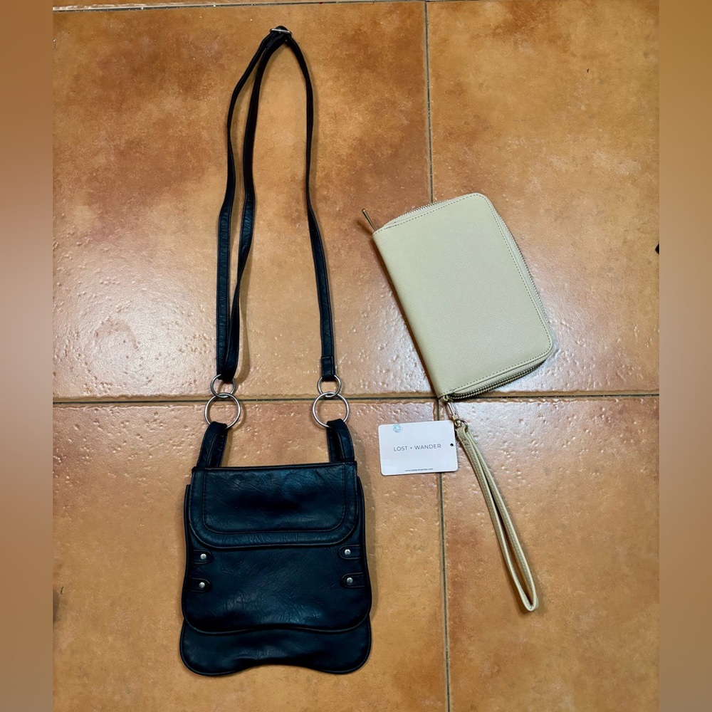 Purse Crossbody black with many compartments & beige one newcredit cardpassport